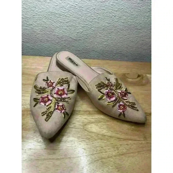 Dune London Blush Pink Mules w/ Beaded Embroidered Floral Detail Size 6.5 Flats - Picture 9 of 10